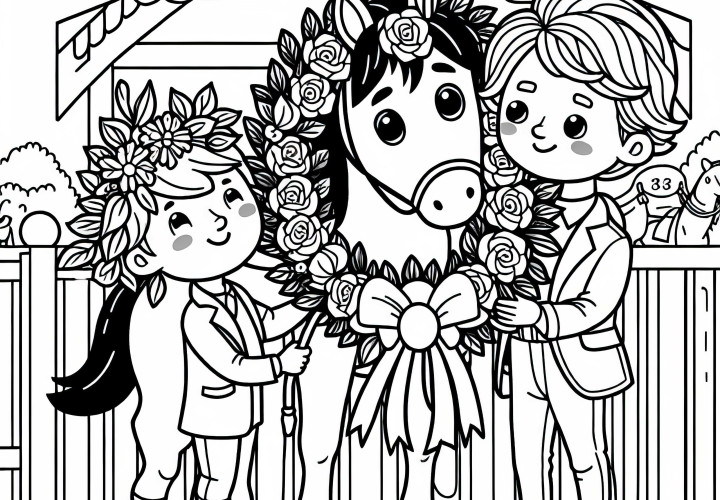 El caballo ganador recibe unaCorona de flores y un trofeo tras la carrera de caballos - Imagen para colorear para descargar El caballo ganador recibe una corona de flores y un trofeo tras la carrera de caballos - Imagen para colorear para descargar