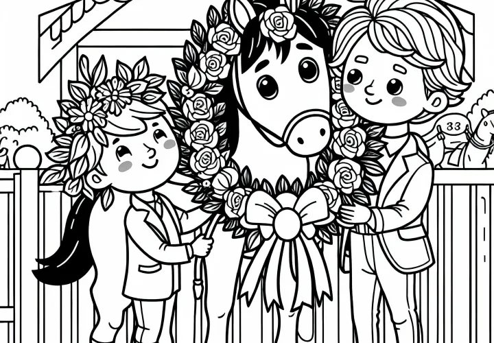 Winning horse receives flower crown and trophy after horse race - Coloring page for download