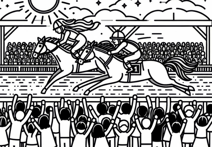 Los espectadores vitorean y animan a los favoritos en la carrera de caballos - Colorea gratis Los espectadores vitorean y animan a los favoritos en la carrera de caballos - Dibujo para colorear gratis