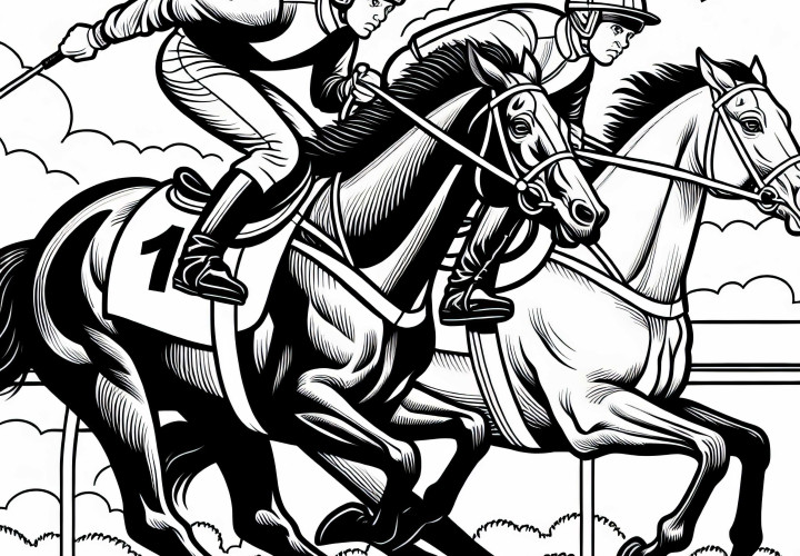 Dos jinetes luchan por el liderazgo en la recta de meta durante la carrera de caballos – Dibujo para colorear gratis Dos jinetes luchan por el liderazgo en la recta de meta de una carrera de caballos - Dibujo para colorear gratis