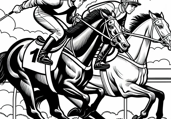 Two jockeys compete for the lead on the homestretch during a horse race - Free coloring page