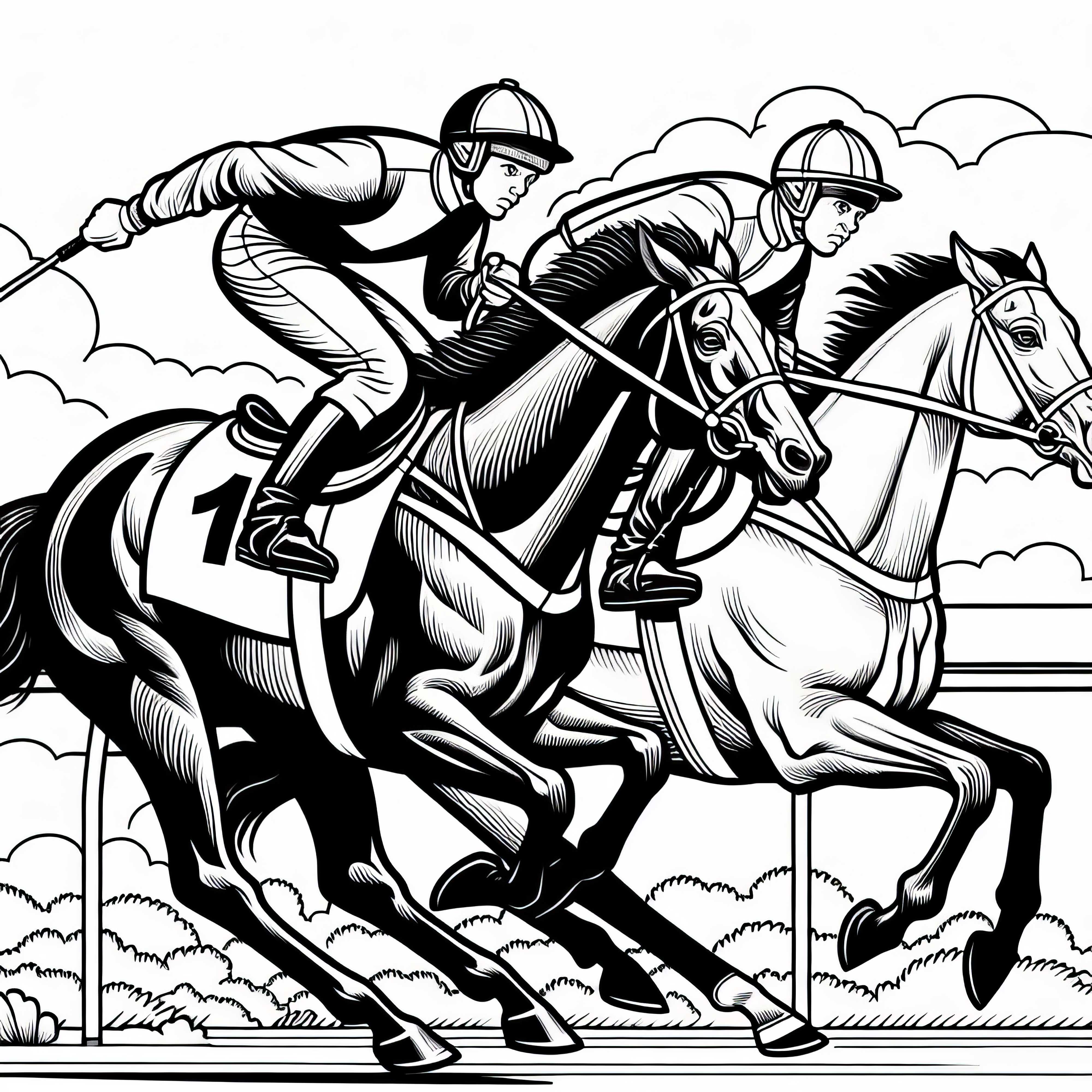 Dos jinetes luchan por el liderazgo en la recta de meta en una carrera de caballos - dibujo para colorear gratis