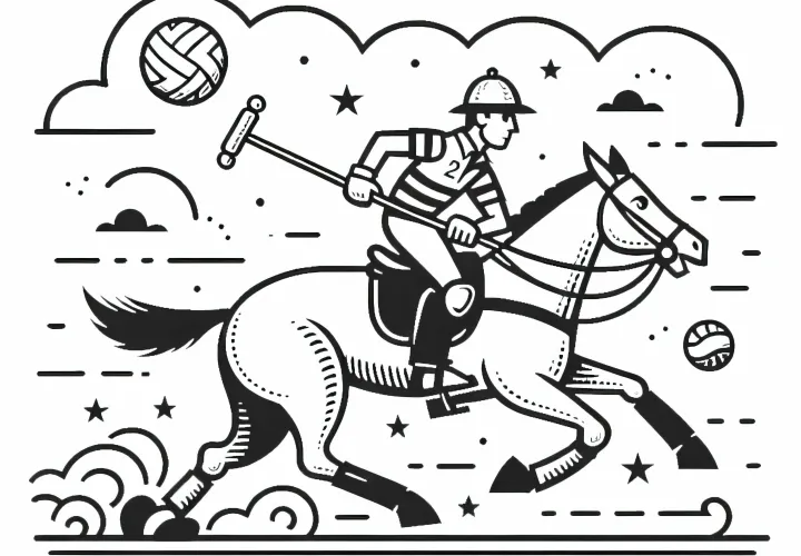Polo player gallops on horse and swings club – free coloring page