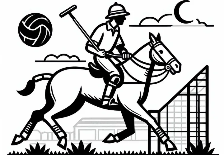 Polo player rides with raised mallet - Free coloring page
