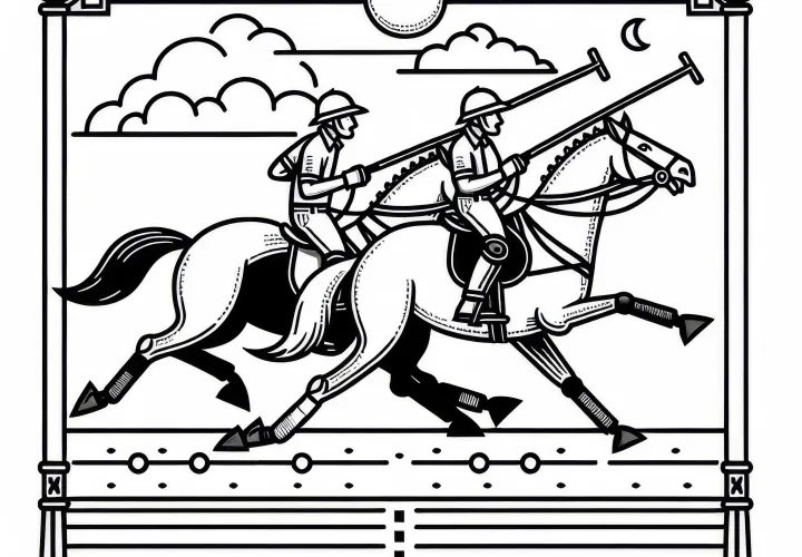 Two horses gallop closely alongside each other across the polo field – coloring page free