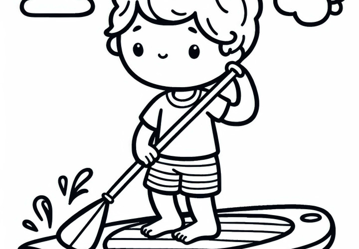 Niño practicando el equilibrio en paddleboard - Dibujo para colorear gratis