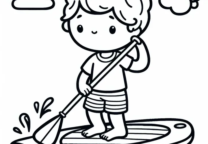 Child practicing balance on paddleboard - Free coloring page