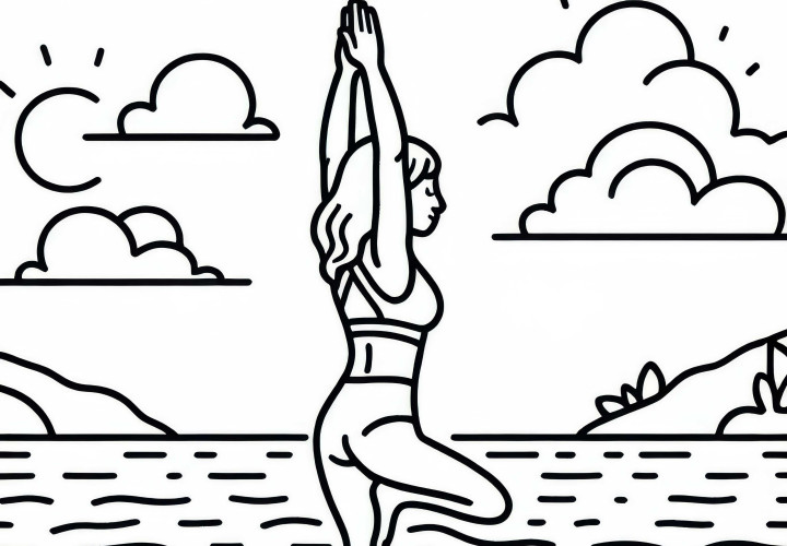 Paddleboarder hace una pose de yoga en medio del agua - Plantilla para colorear gratis