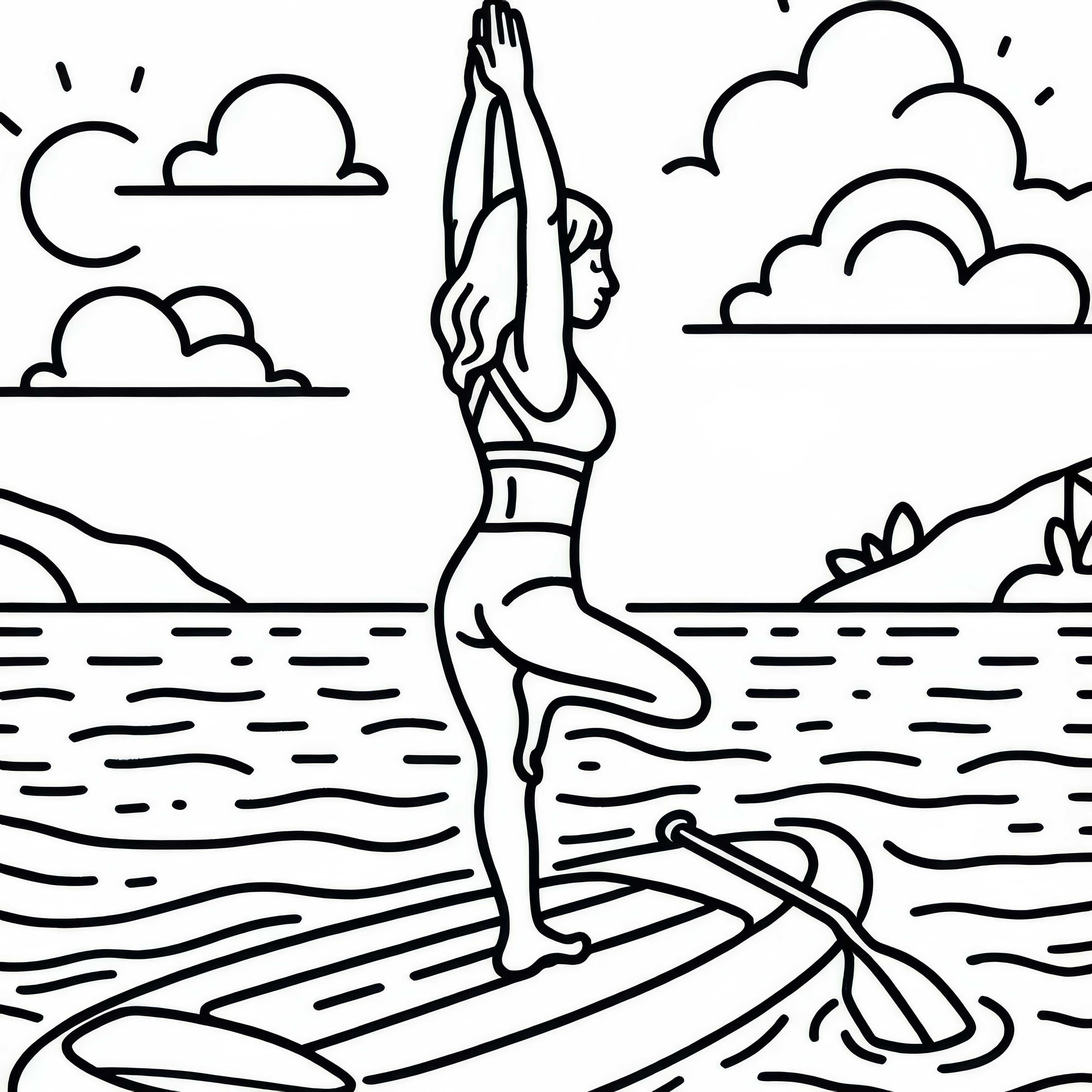 La practicante de paddleboard hace una pose de yoga en medio del agua - Plantilla para colorear gratis