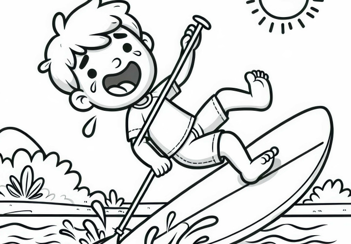 El paddleboarder pierde el equilibrio y cae al agua - Dibujo para colorear gratis
