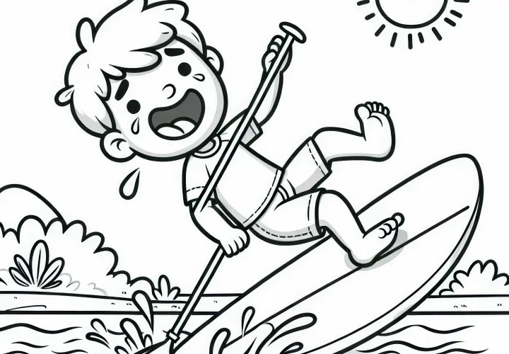 Paddleboarder loses balance and falls into the water – Free coloring page