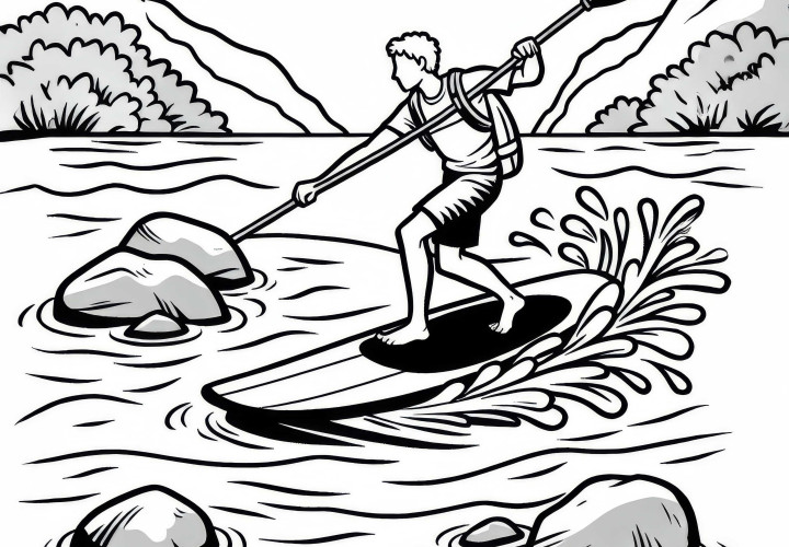 Paddleboarder navega entre rocas en un río - Plantilla para colorear gratis