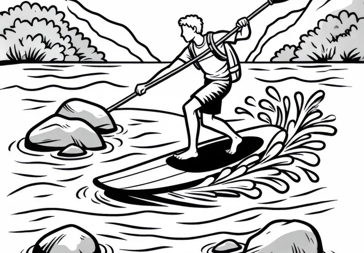 Paddleboarder navigates between rocks in a river - Free coloring page