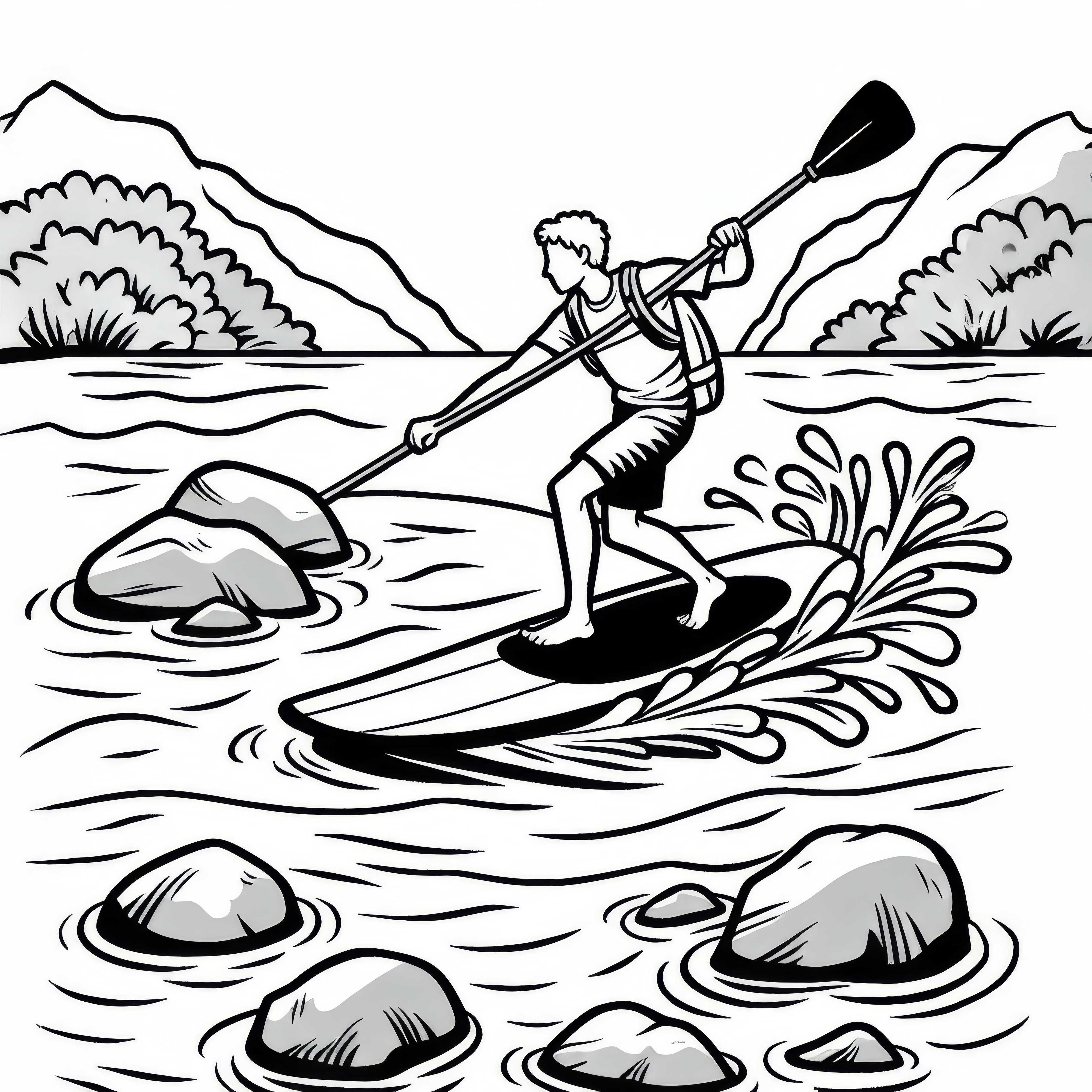 Paddleboarder navega entre rocas en un río - plantilla para colorear gratis