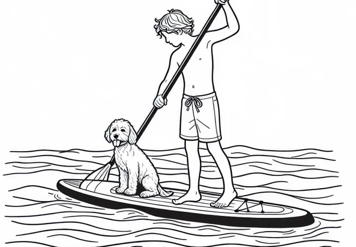 A paddleboarder paddles with a dog on the board - free coloring page