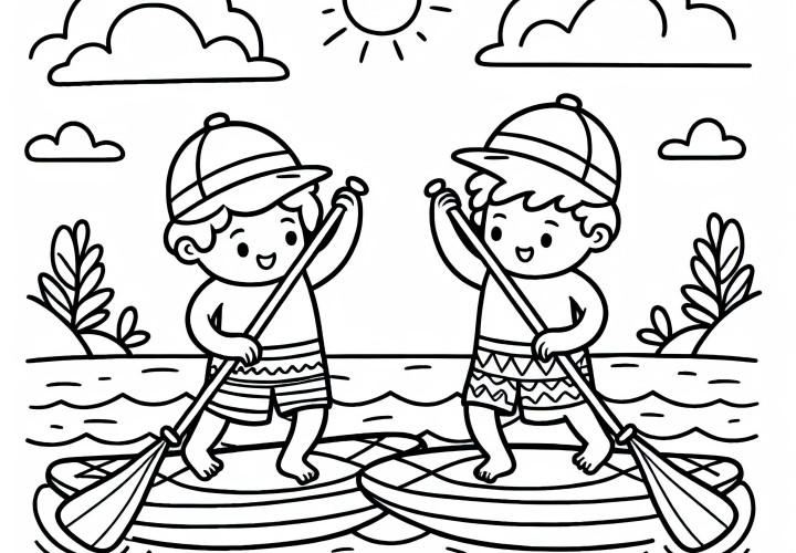 Dos paddleboarders intercambian sus tablas de forma juguetona en el agua - Imagen para colorear gratuita