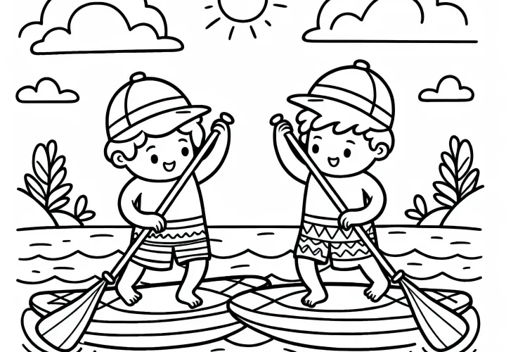 Two paddleboarders playfully swap their boards on the water - Free coloring page