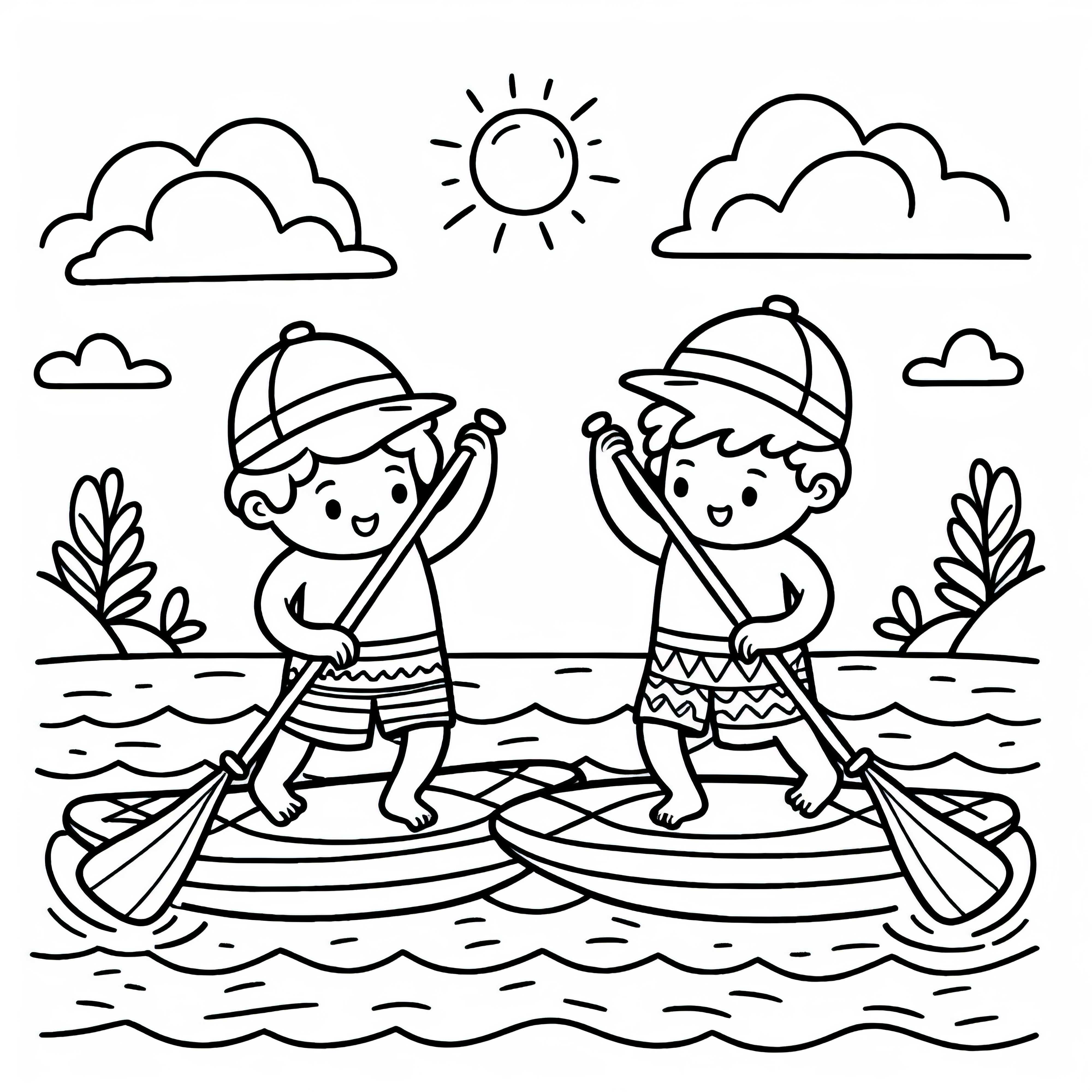 Dos paddleboarders intercambian sus tablas de forma juguetona en el agua - Dibujo para colorear gratis