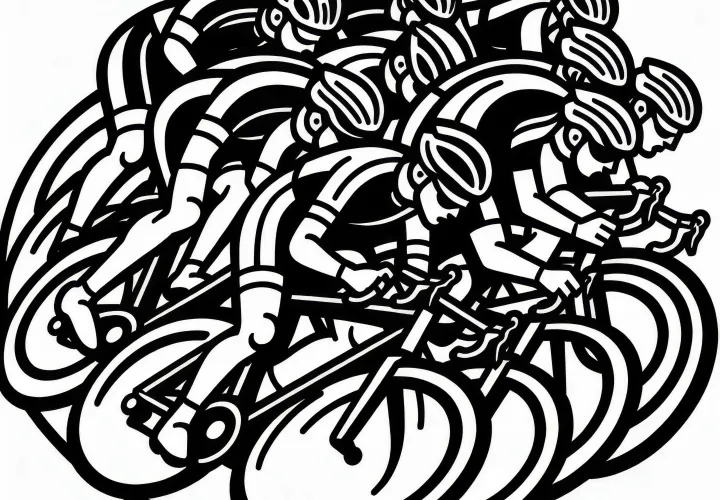 A group of cyclists forms a dense peloton in cycling - Free coloring page