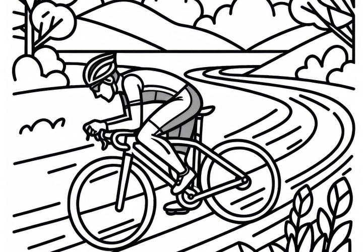 Rennradfahrer fährt mit hoher Geschwindigkeit auf Landstraße – Malvorlage kostenlos