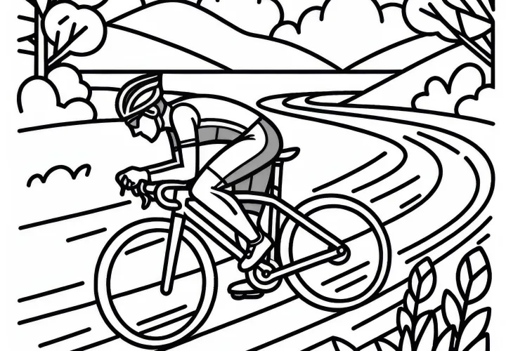 Road cyclist rides at high speed on country road – Free coloring page