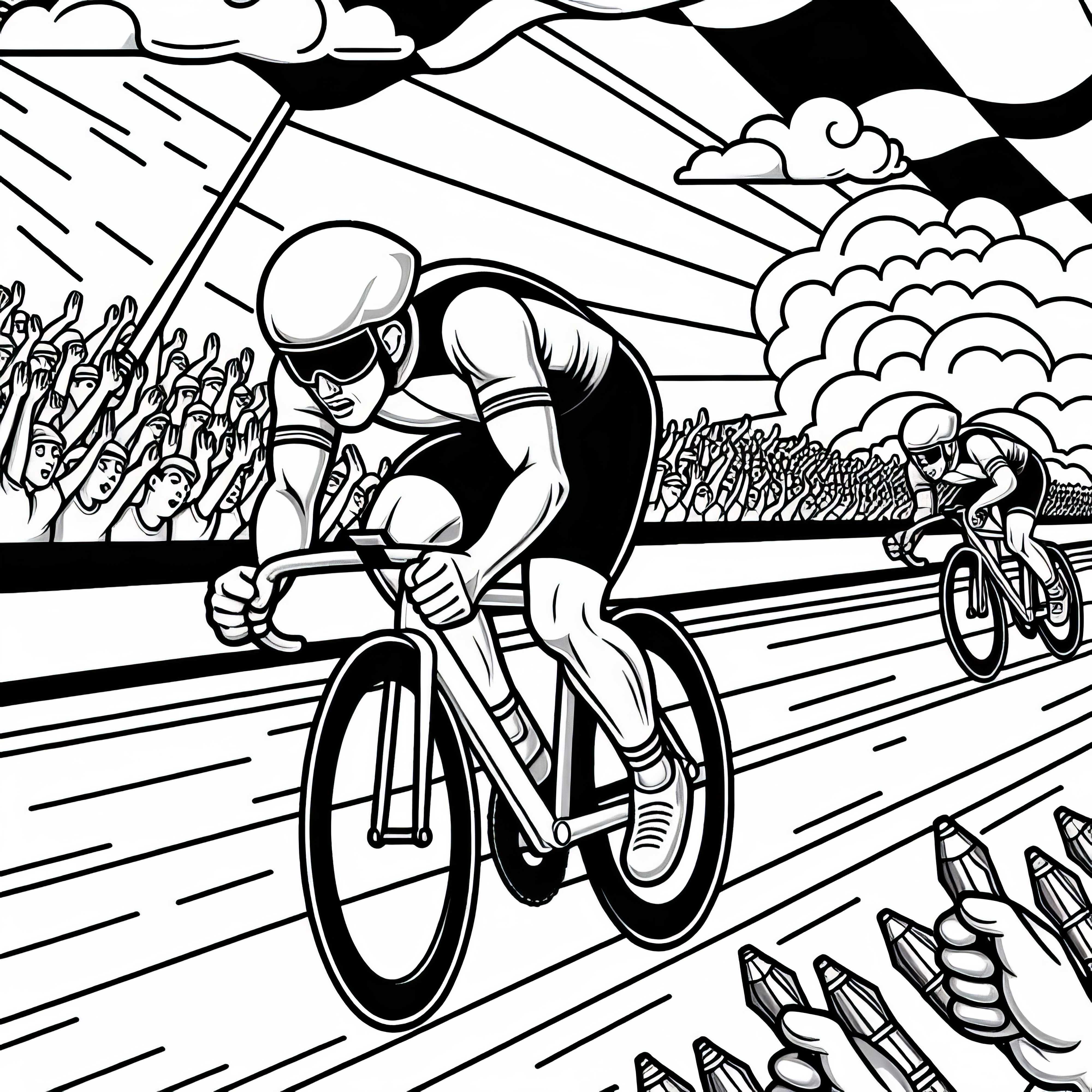 Un cycliste sprinte vers la ligne d'arrivée lors d'une course – Modèle à colorier gratuit