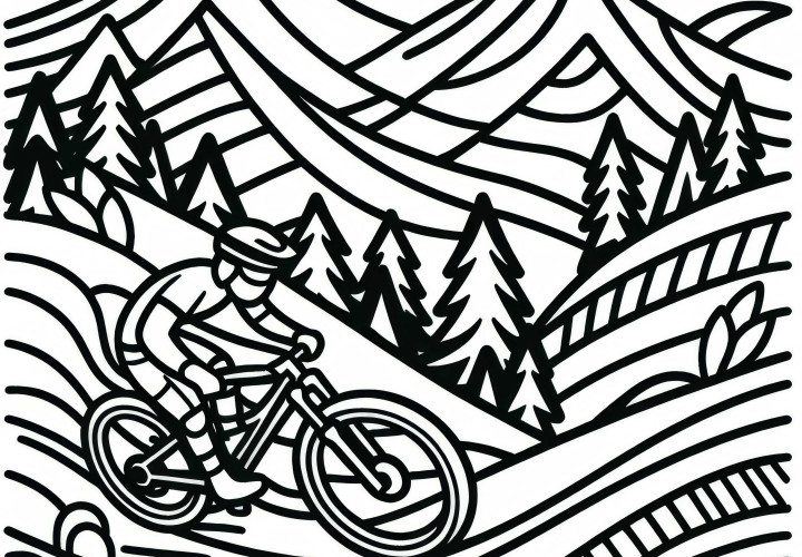 Mountainbiker fährt beim Radsport durch hügeliges Gelände – Malvorlage kostenlos Mountainbiker fährt beim Radsport durch hügeliges Gelände – Malvorlage kostenlos