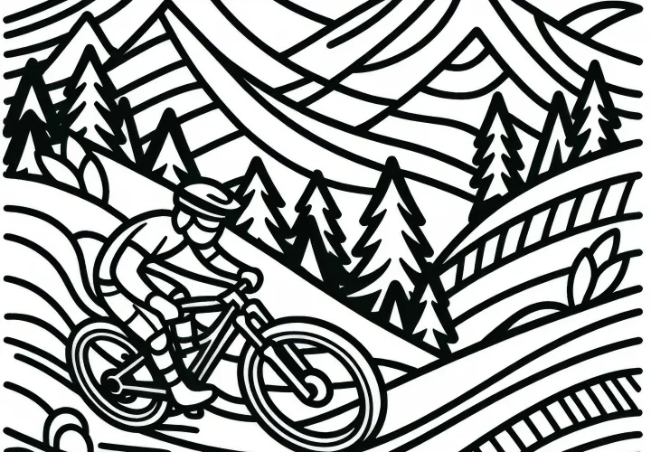 Mountain biker rides through hilly terrain in cycling – free coloring page