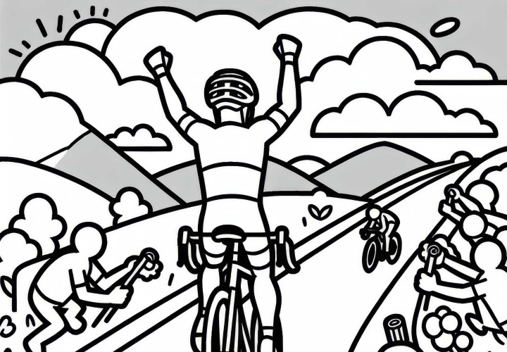 Radsportler hebt jubelnd die Arme nach Sieg – Ausmalbild kostenlos