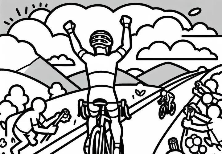 Cyclist raises arms joyfully after victory – Free coloring page