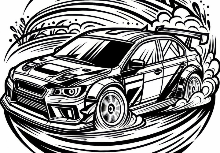 Auto driftet bei einer Rallye - spektakulär als Ausmalbild kostenlos