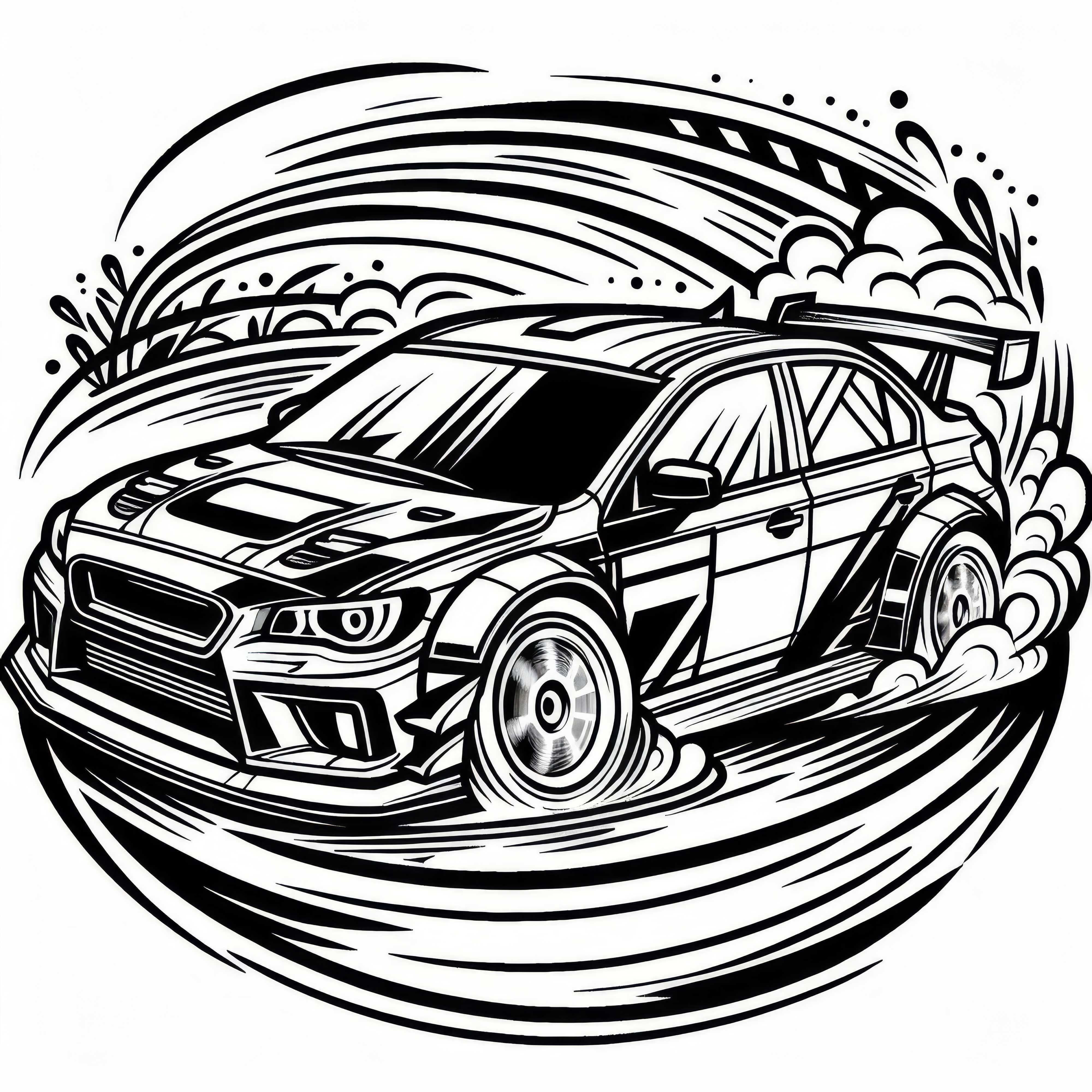 Auto driftet bei einer Rallye - spektakulär als Ausmalbild kostenlos