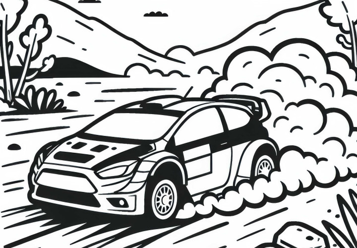 Rallyefahrzeug rast durch staubige Wüstene Strecke – Malvorlage gratis