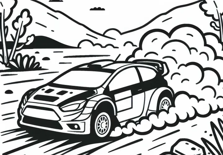 Rally car races through a dusty desert track - free coloring page