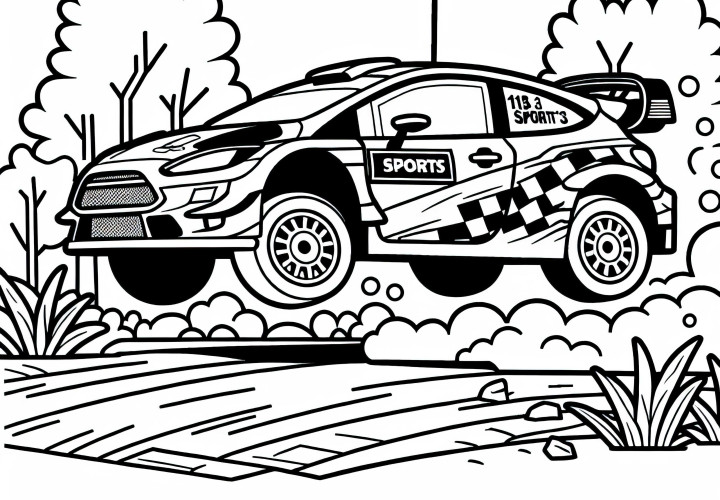 Rallyefahrzeug springt über Bodenwelle – Malvorlage kostenlos