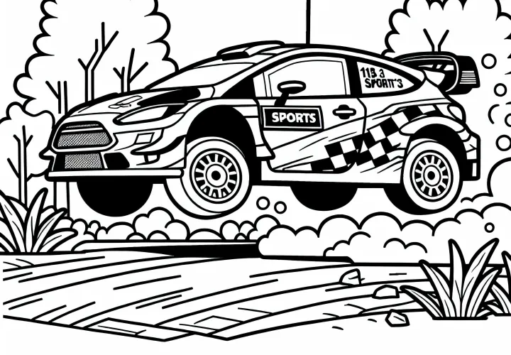 Rally car jumps over a bump – Free coloring page