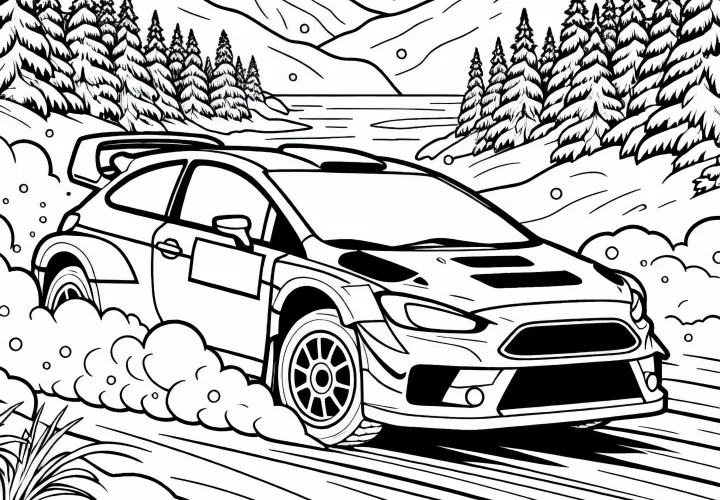 Rally driver steers precisely through a snowy section of the track - free coloring page