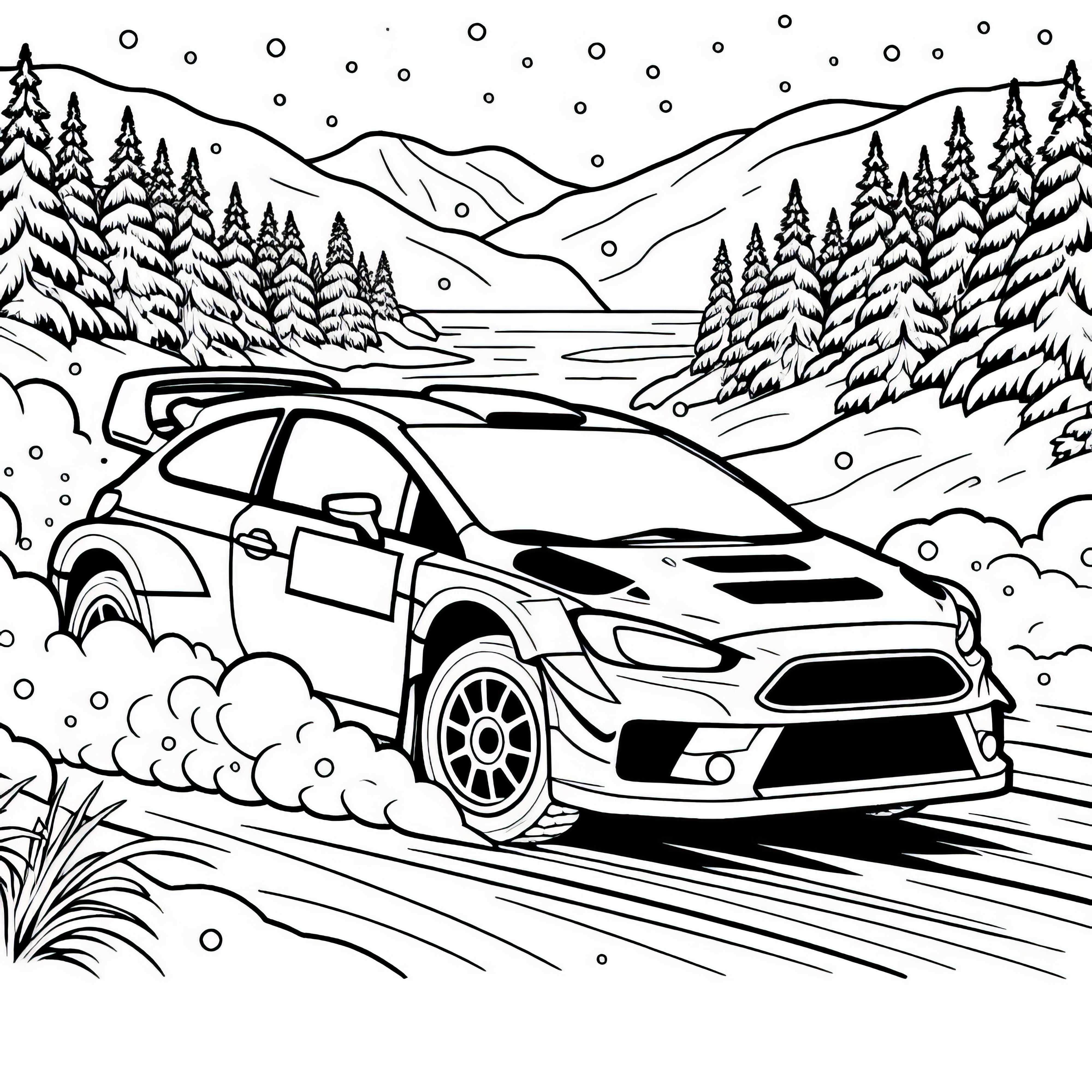 Rallye-Fahrer lenkt präzise durch einen verschneiten Abschnitt der Strecke – Malvorlage gratis