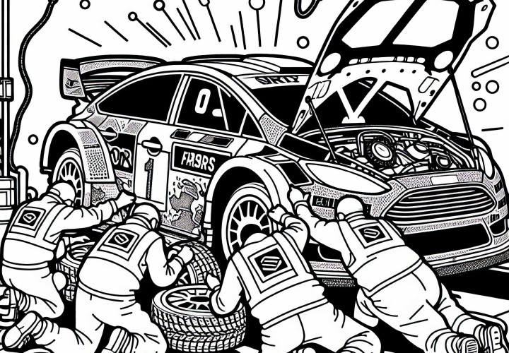 Das Rallye-Mechanikerteam arbeitet hektisch an einem beschädigten Auto – Ausmalbild kostenlos