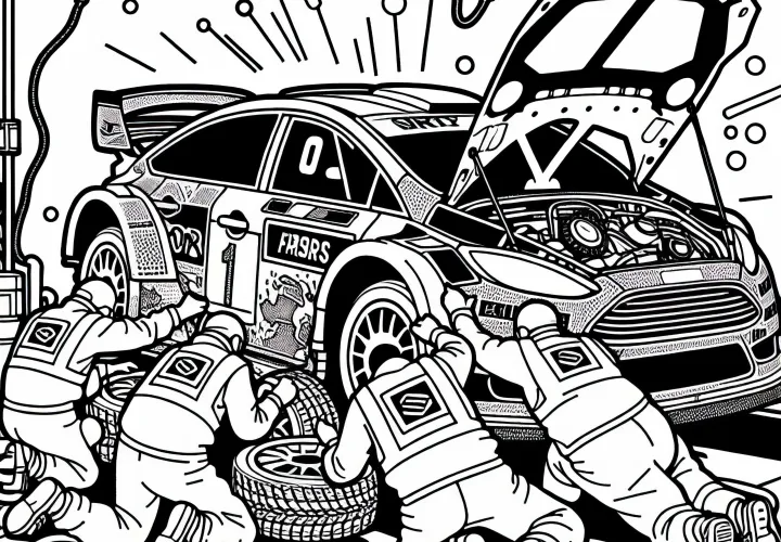 The rally mechanic team is working frantically on a damaged car – coloring page for free
