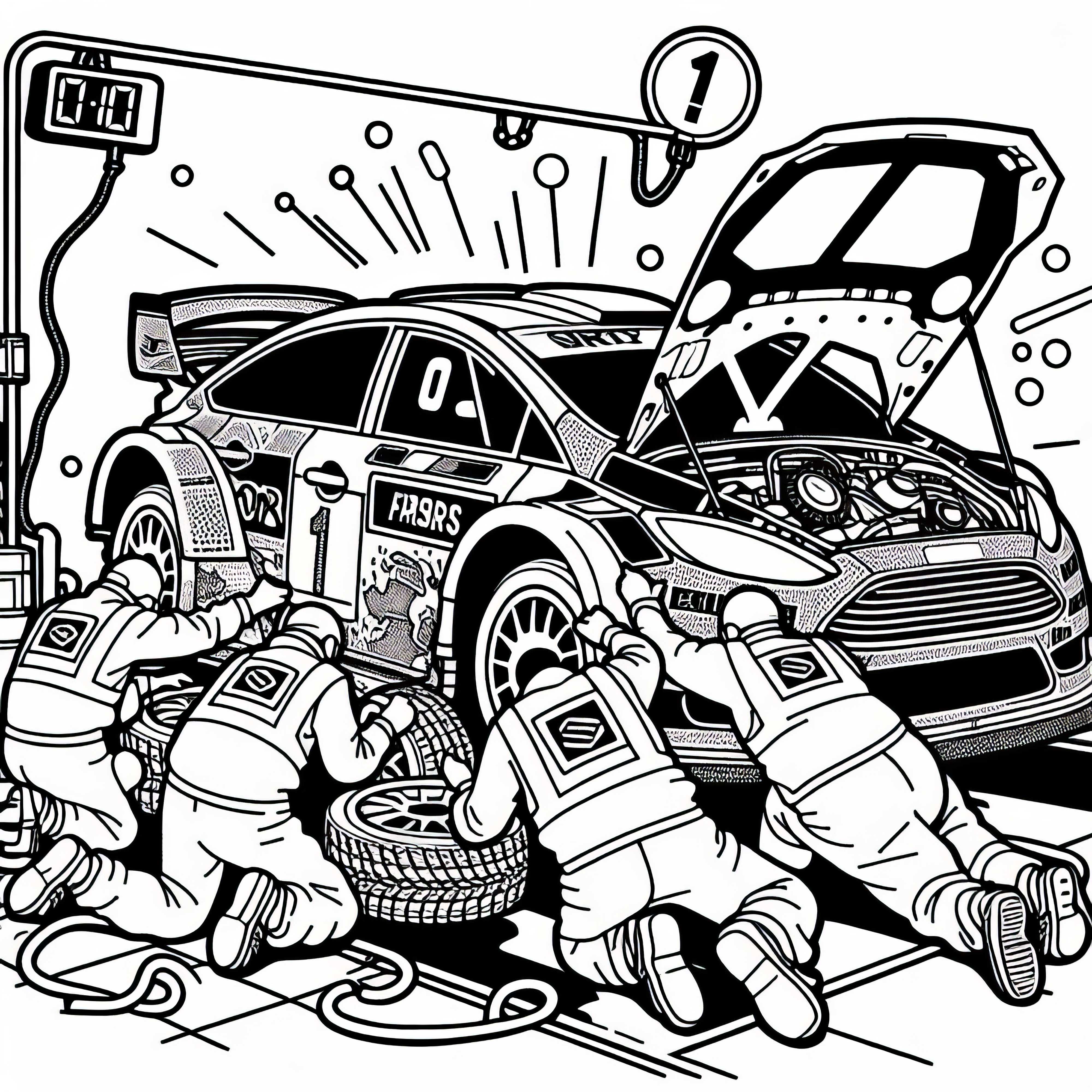 Das Rallye-Mechanikerteam arbeitet hektisch an einem beschädigten Auto – Ausmalbild kostenlos