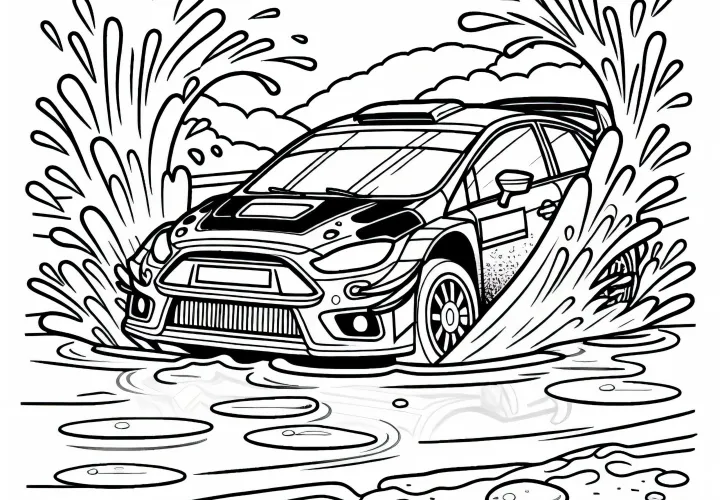 Rally car drives through deep puddle - Free coloring page