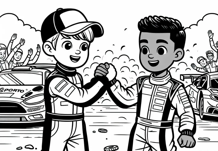 Two rally drivers shake hands after the race – Coloring page