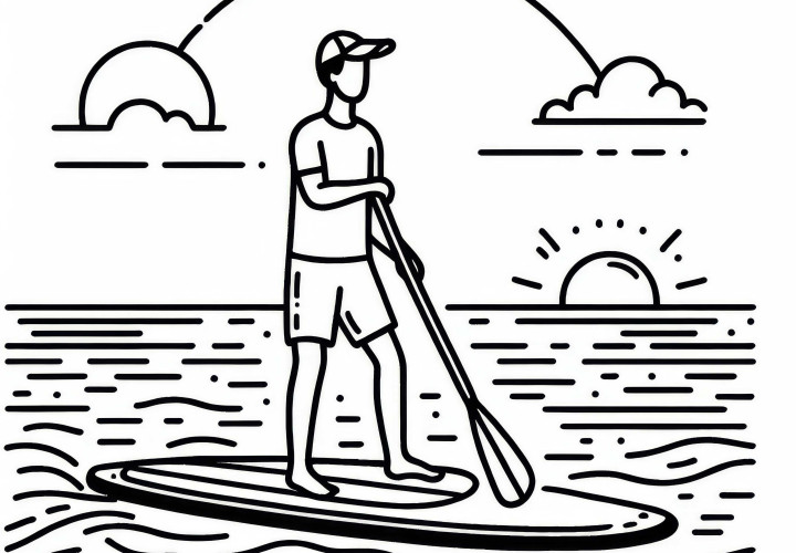 El piragüista se mantiene en pie de forma tranquila sobre la tabla - Dibujo para colorear gratis