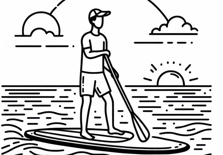 Paddler stands calmly on the board during stand-up paddling - free coloring page