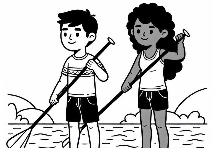 Amigos reman en paddle surf uno al lado del otro en el lago - Plantilla para colorear gratis