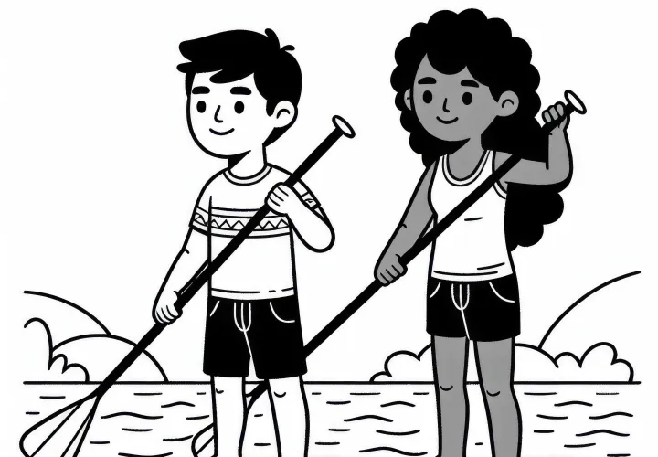 Friends paddle side by side on the lake while stand-up paddling - free coloring page