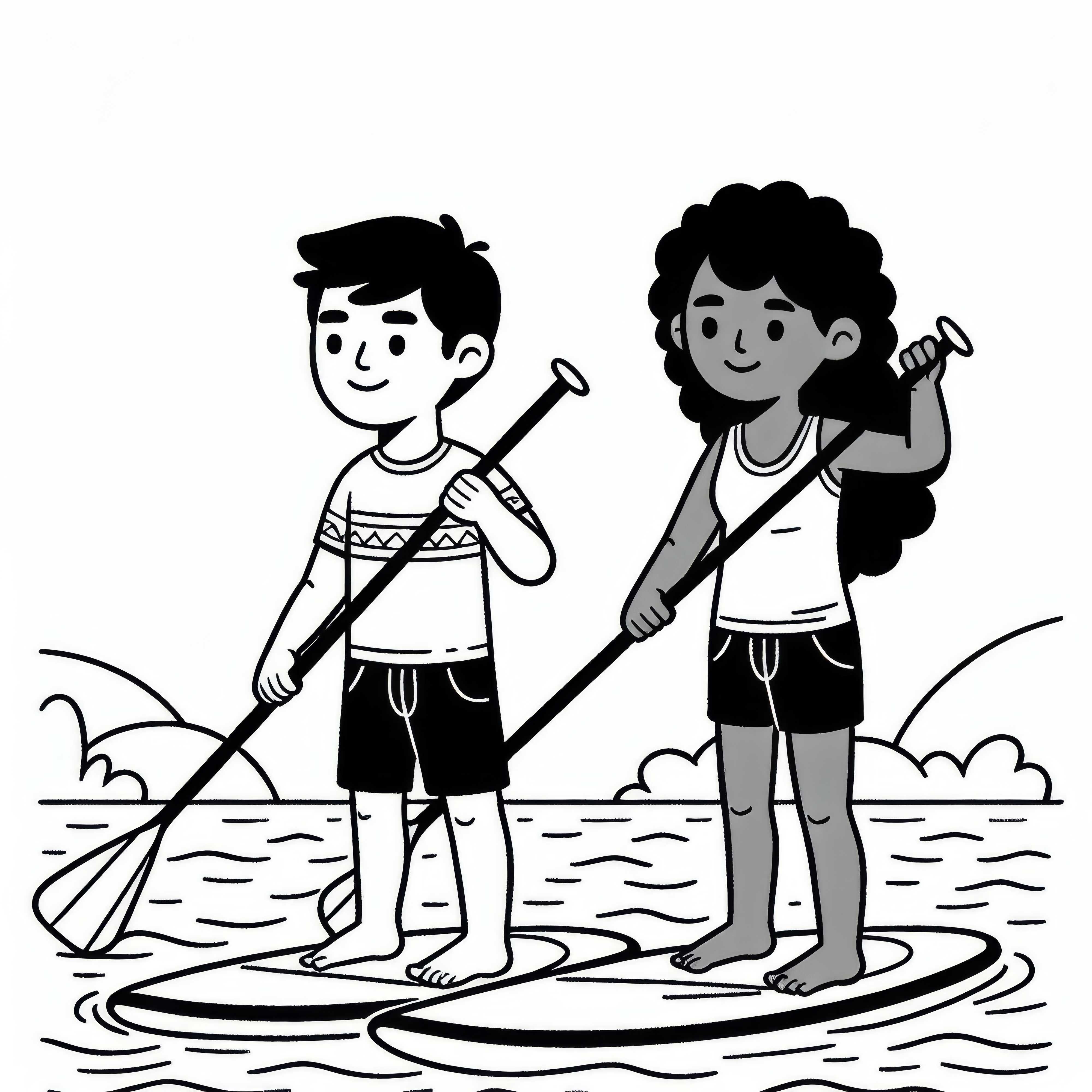 Amigos reman juntos en paddle surf en el lago - plantilla de colorear gratis