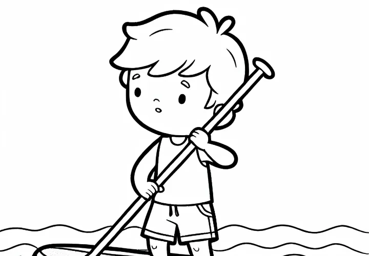 A child is carefully practicing paddling on flat water while stand-up paddleboarding