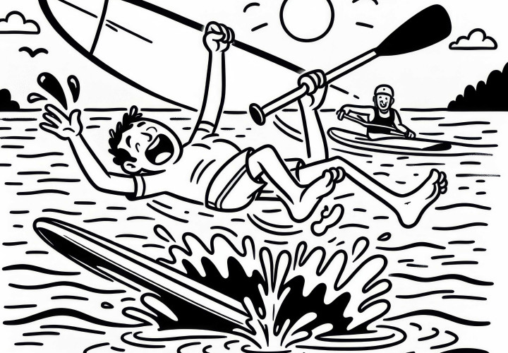 Deportista pierde el equilibrio en el paddle surfing - Plantilla para colorear gratis